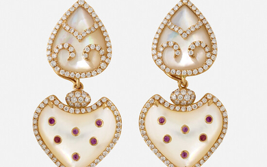 Diamond, mother-of-pearl, and pink sapphire earrings