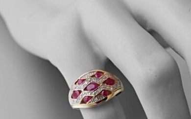 Dome ring in 750 thousandths yellow gold set with rubies in diamond paved diamond patterns size 8/8, 6 g.