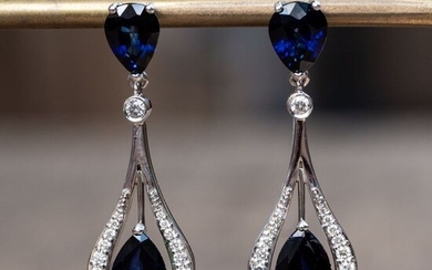 Drop sapphire earrings with Diamonds - 14 kt. White gold - Earrings - 8.63 ct Sapphire - 1.32 ct Diamonds D VVS - AIG Certificate