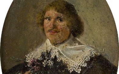 Dutch School, mid-17th century- Portrait of a man, half-length turned to the left, holding a flower; oil on copper, oval, 13 x 9.7 cm.