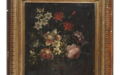 ÉCOLE FRANCAISE début XVIIIè. « Vase de fleurs sur un entablement ». Huile sur panneau....