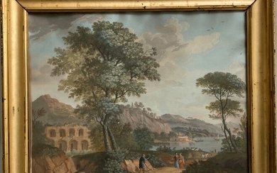 ECOLE FRANCAISE du XVIIIème Promenade dans un paysage Gouache 39 x 50.5 cm à vue...