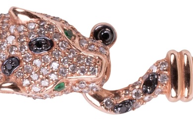 EFFY 14K YELLOW AND ROSE GOLD EMERALD AND DIAMOND PANTHER BANGLE BRACELET Max. internal width: 2 1/4 in. (5.7 cm.)
