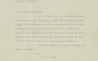 EINSTEIN, ALBERT | TLS TO COMMANDANT A. BLY, COMMENTING ON THE POLITICAL SITUATION IN EUROPE, 1 P, 15 JANUARY, 1936.