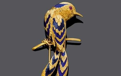 ENAMEL, RUBY AND GOLD CLIP BROOCH, BY CARTIER, ca. 1950.