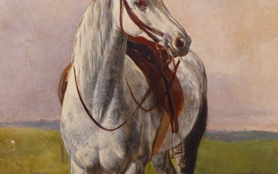 ENGLISH SCHOOL (19TH CENTURY), SADDLED DAPPLE GREY HORSE IN A LANDSCAPE, OIL ON CANVAS, RELINED