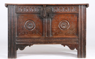 Early 17th Century oak coffer, West Country, circa 1610-1630, the rectangular top enclosing