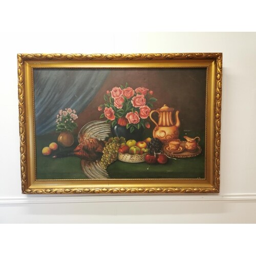 Early 20th C. Oil on canvas Still Life mounted on giltwood f...
