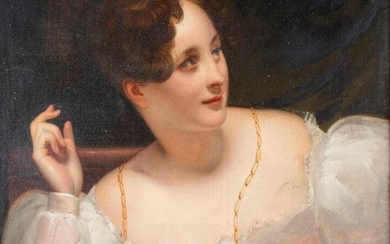 Ecole FRANCAISE vers 1850, Portrait de femme à la robe blanche, toile, 72,5 x 50...