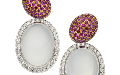 Eli Frei Diamond, Ruby, Moonstone, Gold Earrings Stones: Round-cut...