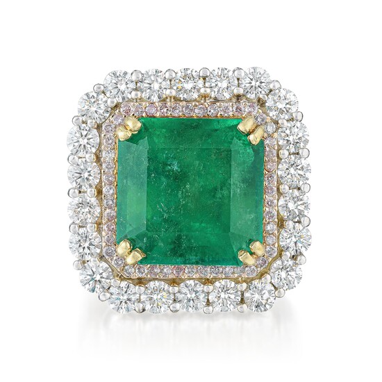 Emerald and Double Diamond Halo Ring