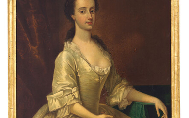 English School, mid-18th Century, Portrait of Catherine, Countess Bathurst (1688-1768), three-quarter-length, in a sliver gown, holding a fan