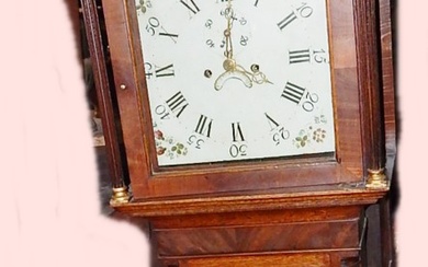 English grandfather clock, George III, 19th century, oak/mahogany with columns...