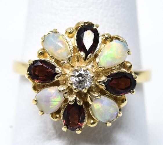Estate 14k Yellow Gold Diamond, Opal & Garnet Ring