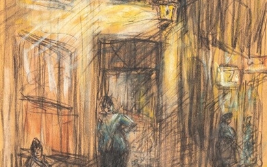 Eugeen Van Mieghem (1875-1930), Streetview with brothels, pastel drawing, 18 x 22 cm