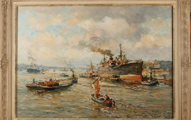 Evert Moll 1878-1955 Rotterdam port with many ships oil