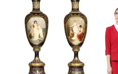 Extremely Rare A Pair Of Monumental 19th C. Royal Vienna Lidded Urns/Vases