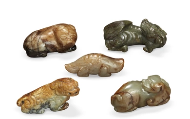 FIVE JADE CARVINGS OF MYTHICAL BEASTS CHINA, MING-QING DYNASTY (1368-1911) OR LATER