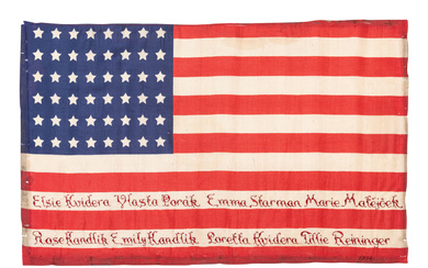 [FLAGS]. 48-star American parade flag identified to eight women, likely honoring their naturalization as US citizens. 1914.