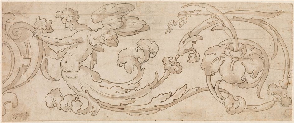 FLORENTINE SCHOOL, 17TH CENTURY Design for a Floral Ornament with a Winged Figure....
