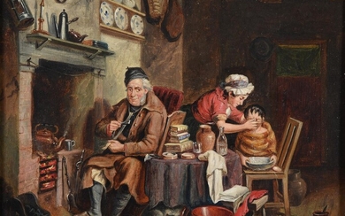 FOLLOWER OF FREDERIC DANIEL HARDY, DOMESTIC LIFE BESIDE THE FIRE; THE FEATHERED VISITOR
