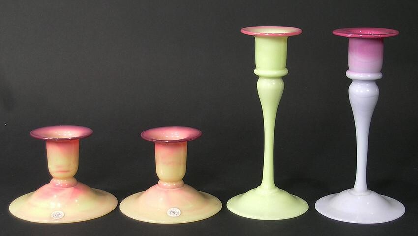 FOUR PAIRPOINT GLASS CANDLESTICKS