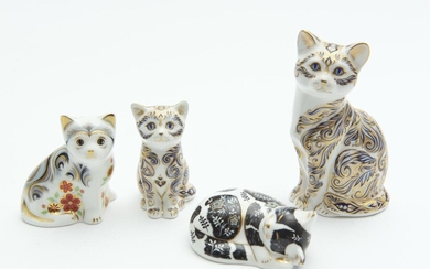 FOUR ROYAL CROWN DERBY PAPERWEIGHTS, INCLUDING 'MAJESTIC CAT'; 'MAJESTIC KITTEN'; AND 'MISTY KITTEN', BOXED, THE TALLEST 13 CM HI