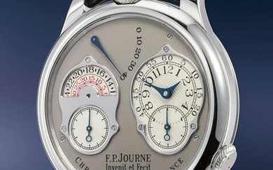 F.P. Journe, An unusual and cutting edge platinum dual time wristwatch with double escapement and presentation box