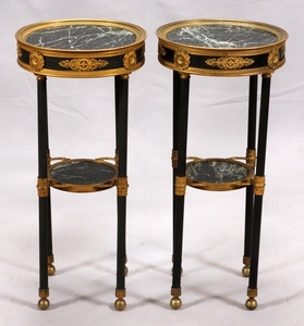FRENCH EMPIRE STYLE MARBLE TOP TABLES PAIR 27 DIA 12