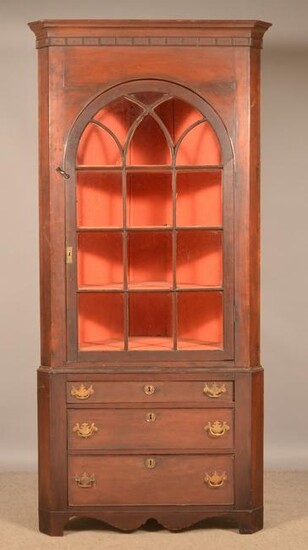 Federal Cherry Arched Door Two-Part Corner Cupboard.