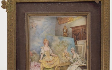 Fine 19th century miniature painting by Gaud. Interior genre scene of a woman artist and assistant.
