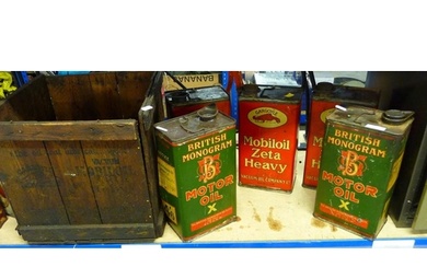 Five Gargoyle One Gallon Vintage Oil Cans in Original Wooden...
