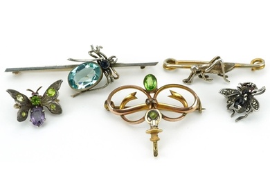 Five antique and later brooches set with assorted stones inc...