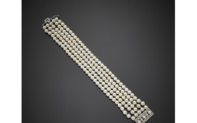 Five strand white cream-hued cultured pearl bracelet with diamond and pearl white gold clasp, pearl diam. mm 5/5.50 circa, g…Read more