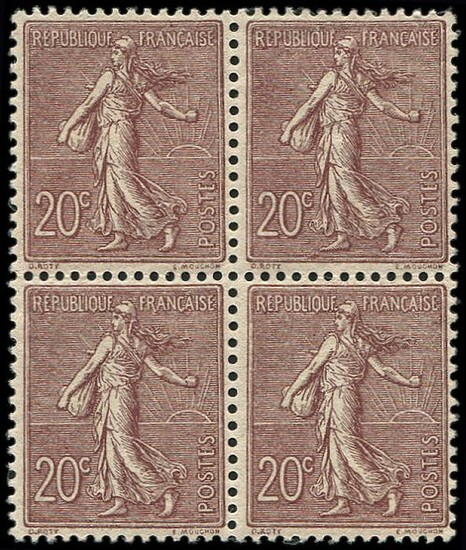 France - Semeuse with lined background. 20 centimes dark brown lilac block of 4, very well centred VVF - Yvert 131a