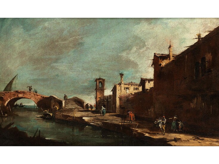 Francesco Guardi, 1712 Venedig – 1793 ebenda, CAPRICCIO MIT EINER BRÜCKE ÜBER EINEN KANAL