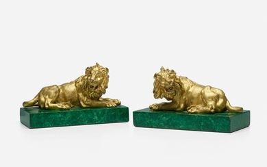 French School, Recumbent lion figurines, pair
