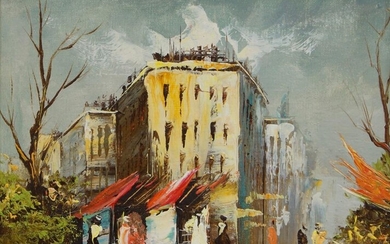 French School, mid/late 20th century- Street scene; oil on canvas board, signed indistinctly lower right, 18.5 x 23.7 cm