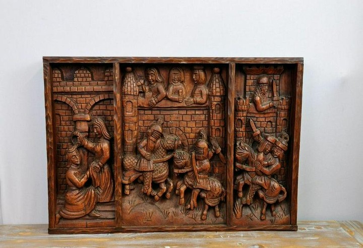 French Vintage Medieval Style Wooden Carved Panel