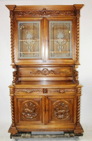 French carved walnut buffet with etched glass doors