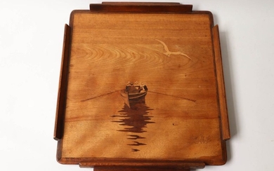 GALLERY. Square tray with marquetry decoration representing three...