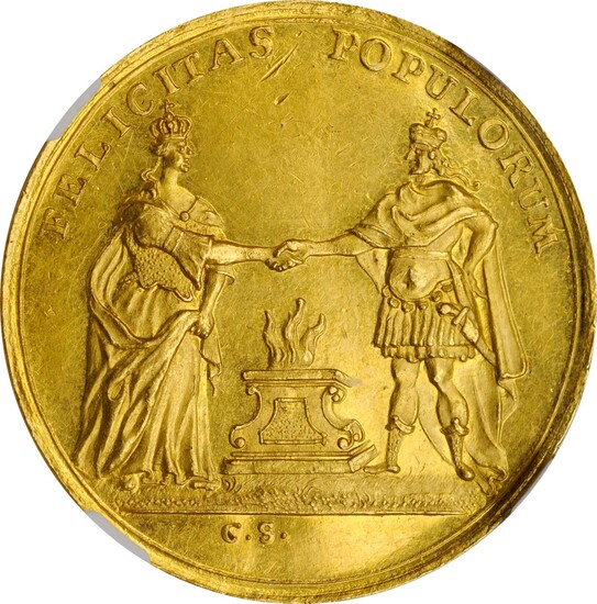 GERMANY. Hesse-Cassel. Gold Medallic 6 Ducats, 1740. Frederick II with Mary. NGC MS-61.