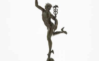 GIAMBOLOGNA (1529-1608). After. “Mercury”, patinated bronze on marble plinth, marked.