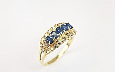 GOLD RING 750 ‰ decorated with five sapphires in a row surrounded by diamonds 8/8, TDD 54, PB 3.2 g