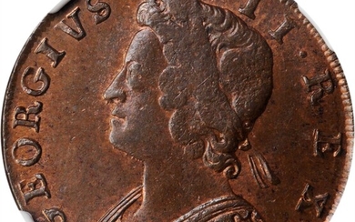 GREAT BRITAIN. 1/2 Penny, 1733. London Mint. George II. NGC MS-64 Brown.