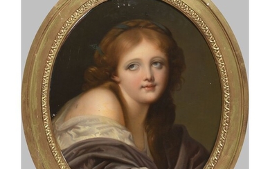 GREUZE (Entourage de). « Portrait de femme ». Huile sur toile dans un ovale. H.57...