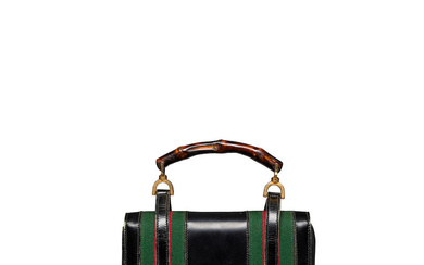 GUCCI: BAMBOO HANDLE BLACK LEATHER WEB DETAIL BAG 1960's