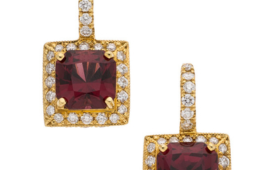 Garnet, Diamond, Gold Earrings The earrings feature square-cut garnets...