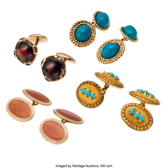 Garnet, Turquoise, Enamel, Gold Cuff Links The lot includes...