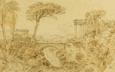 George Barret Jnr., British c.1767-1842- Classical landscape; pencil, ink, and wash on paper, 15.5 x 23.2 cm.
